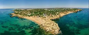 Albufeira Prints: Panoramic aerial drone view of popular Praia do Castelo beach
