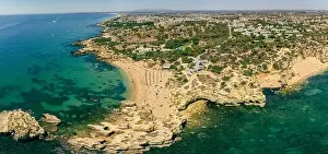 Albufeira Prints: Panoramic aerial drone view of popular Praia do Castelo beach