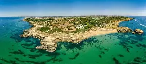 Albufeira Prints: Panoramic aerial drone view of popular Praia do Castelo beach