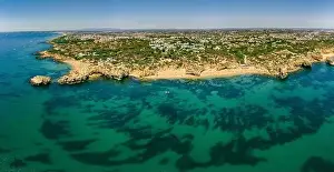 Albufeira Prints: Panoramic aerial drone view of popular Praia do Castelo beach