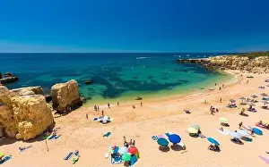 Albufeira Prints: Panoramic aerial drone view of popular Praia do Castelo beach