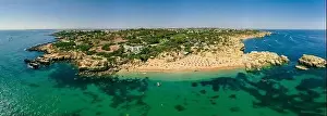 Panoramic aerial drone view of popular Praia do Castelo beach, Albufeira, Algarve, Portugal