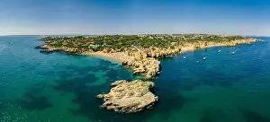 Albufeira Prints: Panoramic aerial drone view of popular Praia do Castelo beach