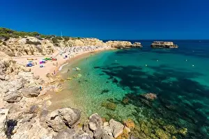 Albufeira Prints: Panoramic aerial drone view of popular Praia do Castelo beach
