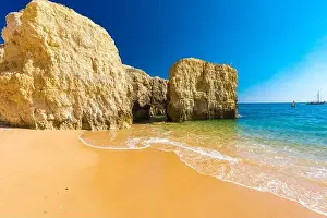 Albufeira Prints: Panoramic aerial drone view of popular Praia do Castelo beach