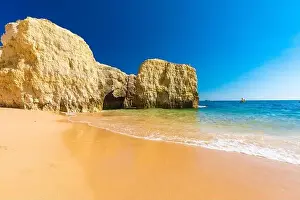 Albufeira Prints: Panoramic aerial drone view of popular Praia do Castelo beach