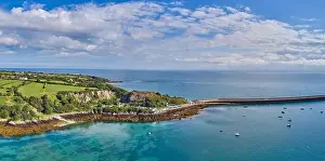 Panoramic aerial drone view of St Cahrerine's Breakwater, Jersey CI