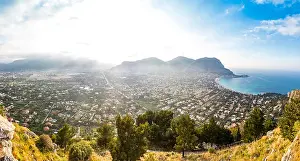 Mondello Prints: Panoramic aerial evening view of Mondello beach (Spiaggia di Mondello) in Palermo
