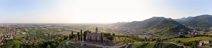 Bergamo Prints: Panoramic Aerial footage view from the drone of a ancient fortress built on a green hill