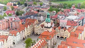 City Hall Prints: Panoramic aerial image displays the picturesque setting of Jelenia Góra's market square