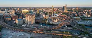 Penthouse Prints: Panoramic aerial image of Manchester city centre with Ordsall Chord and the construction of Manchester Goods Yard