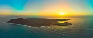 panoramic aerial image of the mysterious sunrise over Lobos island Fuerteventura