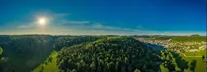 Panoramic aerial of the recreation aera of the Swabian Alb, shot from a high angle view
