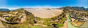 Volcano Mountain Prints: Panoramic Aerial shot of the Bromo volcano and Batok volcano at the Bromo Tengger Semeru National Park on Java Island