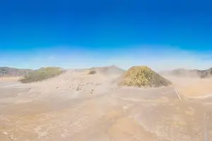 Volcano Mountain Prints: Panoramic Aerial shot of the Bromo volcano and Batok volcano at the Bromo Tengger Semeru National Park on Java Island