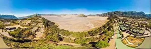 Panoramic Aerial shot of the Bromo volcano and Batok volcano at the Bromo Tengger Semeru National Park on Java Island