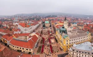 Baranya Prints: Panoramic aerial skyline view about the christmas market at downtown of Pecs with the Mosque of Pasha Gazi Kassim