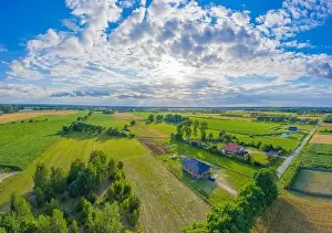 Panoramic Aerial vast green field view - Agriculture field aerial photo - Green landscapes drone photo