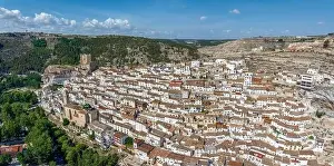 Castilla La Prints: Panoramic aerial view of Alcala del Jucar province of Albacete listed as beautiful villages of Spain