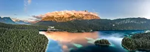 Garmisch Prints: Panoramic aerial view of Alpenglow Zugspitze with fog by Eibsee lake in Germany sunset