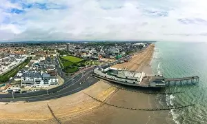 Panoramic aerial done view of Bognor Regis beach, West Sussex, England UK