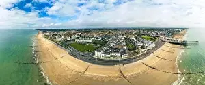 Brighton Prints: Panoramic aerial done view of Bognor Regis beach, West Sussex, England UK