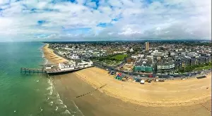 Brighton Prints: Panoramic aerial done view of Bognor Regis beach, West Sussex, England UK