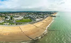Brighton Prints: Panoramic aerial done view of Bognor Regis beach, West Sussex, England UK