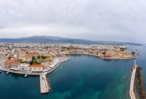Panoramic aerial view from above of the city of Chania
