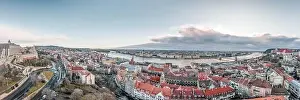 Buda Prints: Panoramic aerial view of Danube river from Buda hill in Budapest winter morning