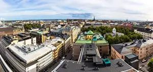 Baltic Countries Prints: Panoramic aerial view of Helsinki city, capital of Finland. Baltic sea on background