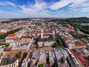 Jesuit Prints: Panoramic aerial view of houses in historical old district of Lviv