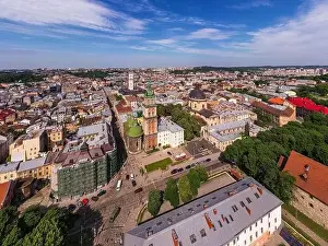 Panoramic aerial view of houses in historical old district of Lviv
