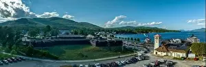Lake George Prints: Panoramic aerial view of Lake George New York popular summer vacation destination with colonial wooden fort William