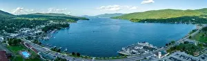 Panoramic aerial view of Lake George New York popular summer vacation destination with colonial wooden fort William