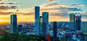 Manchester Skyline Prints: Panoramic Aerial View of Manchester Skyline on a beautiful sunset hours (Golden Hour)