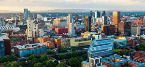 Manchester Skyline Prints: Panoramic Aerial View of Manchester Skyline on a beautiful sunset hours (Golden Hour)