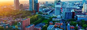 Manchester Skyline Prints: Panoramic Aerial View of Manchester Skyline on a beautiful sunset hours (Golden Hour)