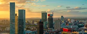 Manchester Skyline Prints: Panoramic Aerial View of Manchester Skyline on a beautiful sunset hours (Golden Hour)