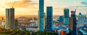 Manchester Skyline Prints: Panoramic Aerial View of Manchester Skyline on a beautiful sunset hours (Golden Hour)