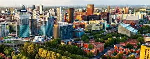 Manchester Skyline Prints: Panoramic Aerial View of Manchester Skyline on a beautiful sunset hours (Golden Hour)
