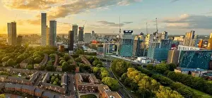 Manchester Skyline Prints: Panoramic Aerial View of Manchester Skyline on a beautiful sunset hours (Golden Hour)