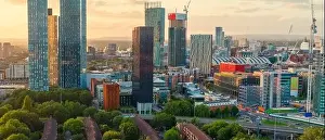 Manchester Skyline Prints: Panoramic Aerial View of Manchester Skyline on a beautiful sunset hours (Golden Hour)