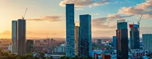 Manchester Skyline Prints: Panoramic Aerial View of Manchester Skyline on a beautiful sunset hours (Golden Hour)
