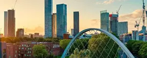 Manchester Skyline Prints: Panoramic Aerial View of Manchester Skyline on a beautiful sunset hours (Golden Hour)
