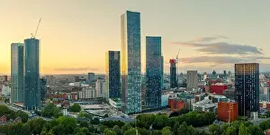 Manchester Skyline Prints: Panoramic Aerial View of Manchester Skyline on a beautiful sunset hours (Golden Hour)