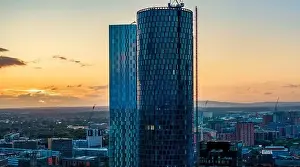 Manchester Skyline Prints: Panoramic Aerial View of Manchester Skyline on a beautiful sunset hours (Golden Hour)