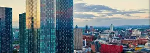 Manchester Skyline Prints: Panoramic Aerial View of Manchester Skyline on a beautiful sunset hours (Golden Hour)