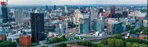 Manchester Skyline Prints: Panoramic Aerial View of Manchester Skyline on a beautiful sunset hours (Golden Hour)