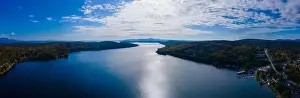 Panorama Mountain Prints: Panoramic aerial view of Meredith Bay in Lake Winnipesaukee in fall from town center of Meredith